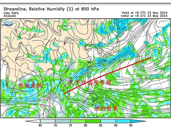 850百帕氣流和相對溼度場。圖/取自鄭明典臉書