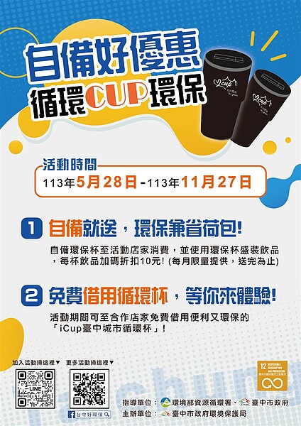響應環保省荷包!中市加碼自備杯多折10元 自備好優惠循環cup環保。圖/台中市府提供