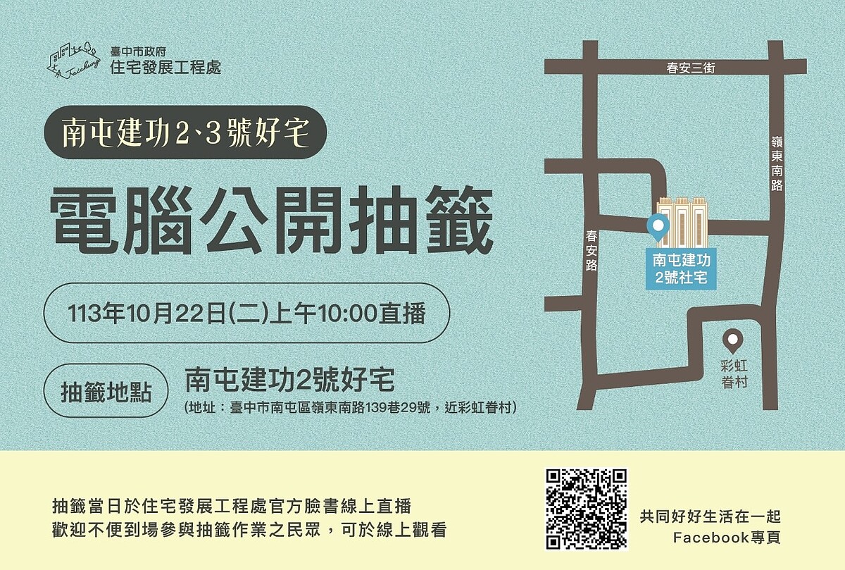 台中南屯建功2、3號好宅將於10月22日網路直播電腦抽籤。圖／台中市政府提供