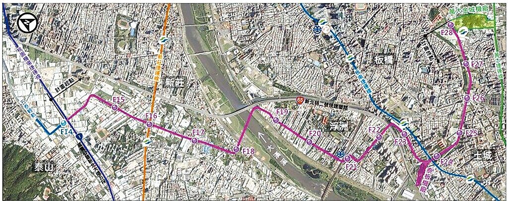 新北泰板輕軌路線全長約10公里，將設置14站及1座機廠。圖／新北捷運局提供