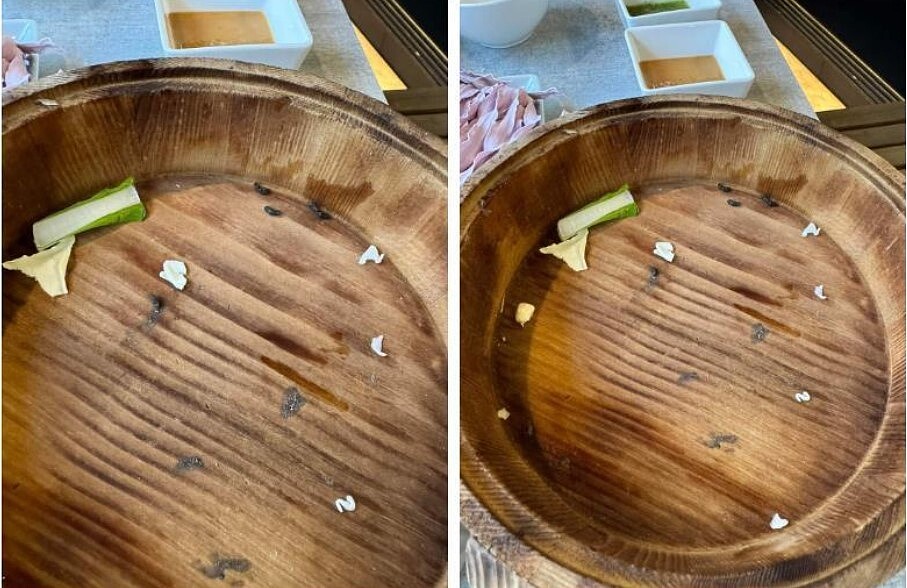 網友於爆料公社發文,指出22:02菜盤底部有老鼠屎。圖/擷取自爆料公社