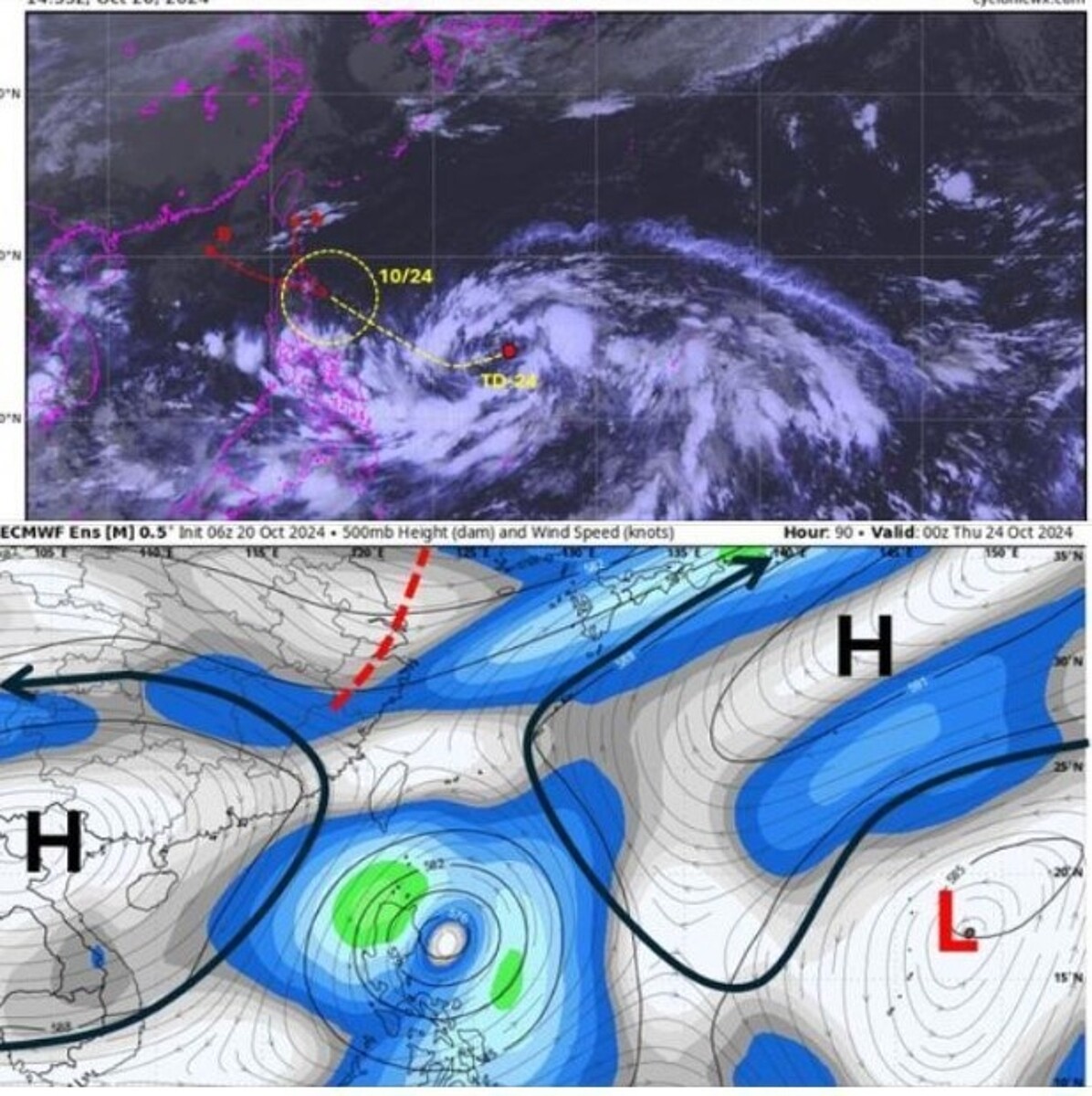 吳聖宇分析準潭美(TD24)2路線,是否通過台灣上空直接影響,跟東西側高壓引導強度有關。圖/擷取自粉專「天氣職人-吳聖宇」
