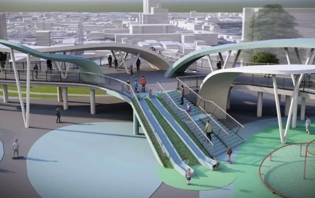 八卦山天空步道二期廊帶延伸公園工程，在民族新村北側設置眺望台，平台高約3.6公尺，提供遮蔭，並創造舒適眺景空間。此為示意圖。圖／彰化縣府提供
