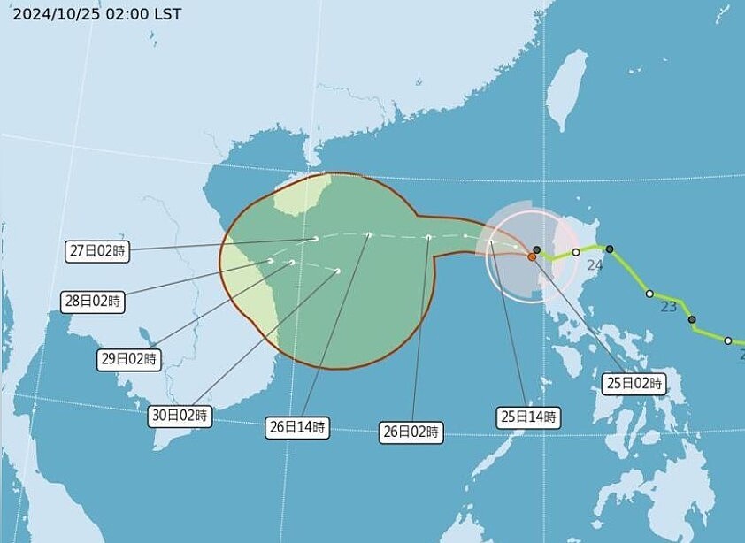 潭美颱風路徑潛勢預報。圖／取自中央氣象署網站
