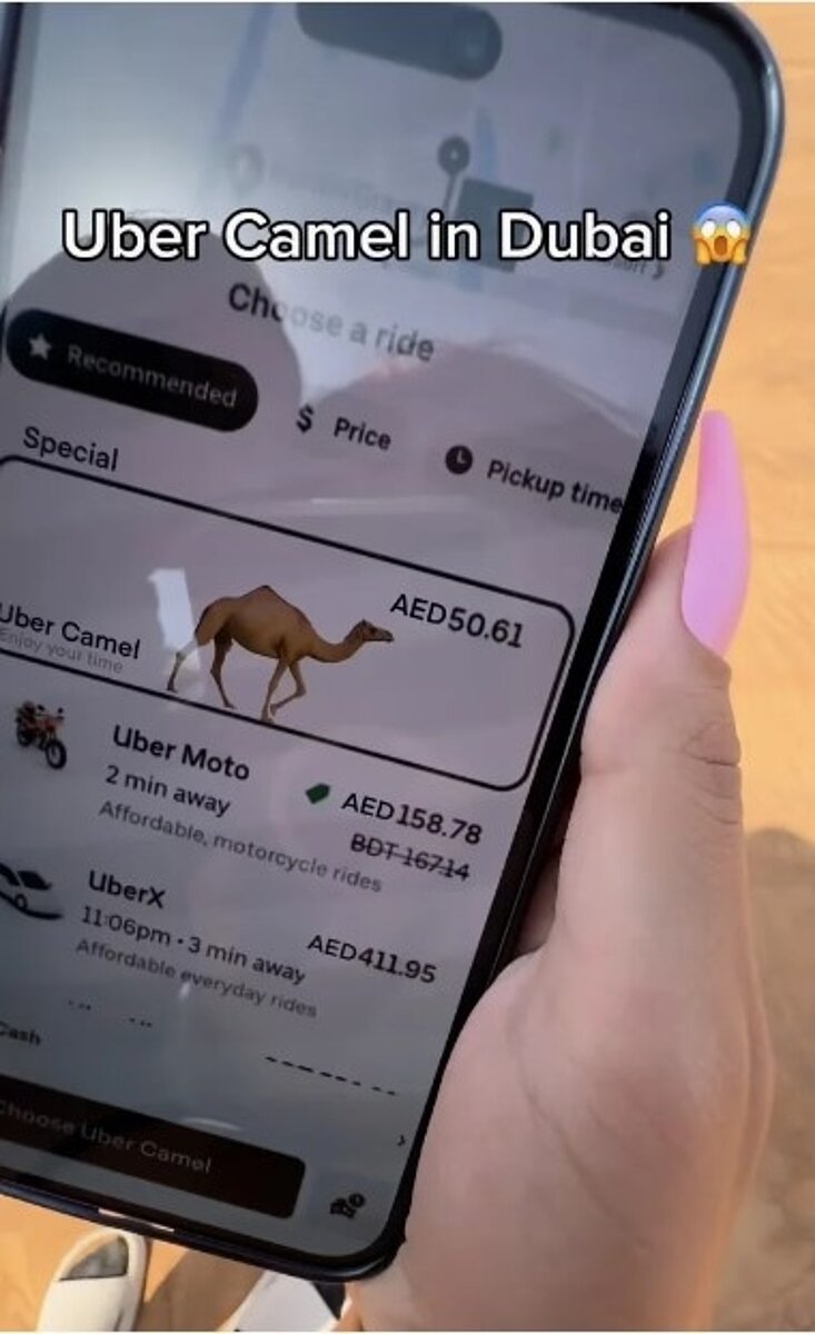 近日在社群平台上爆紅一段影片,內容是兩名女子在杜拜沙漠旅遊,過程中不小心迷路,開啟Uber後,竟發現可以叫到「駱駝」。圖/取自「jetset.dubai」IG