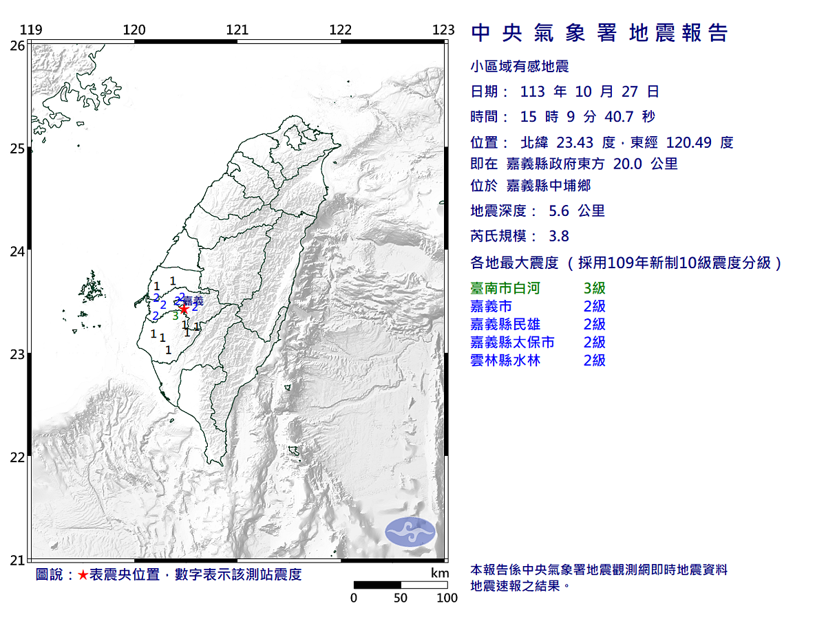 嘉義中埔鄉下午3時09分發生規模3.8地震。圖／中央氣象署
