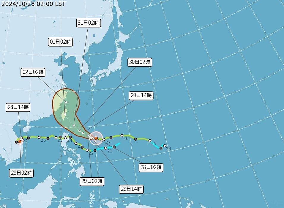 康芮颱風28日下半天可能轉西北朝台灣方向移動，不排除登陸台灣。圖／擷取自氣象署網站