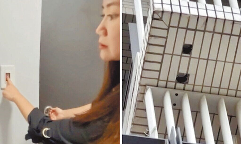 台北市議員陳怡君29日在議會工務部門質詢,指接獲民眾陳情福星社會住宅樓梯間的求救鈴按了沒反應,,啟用至今僅2年的廣慈社宅也出現多處磁磚掉落狀況。圖/台北市議員陳怡君研究室提供