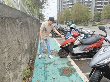 高雄左營桃子園路1處標線人行道,經常會有機車闖入、違停,讓經過的居民困擾。(紀爰攝)