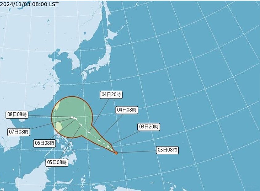 熱帶性低氣壓TD26上午形成,最快3日晚升級成22號颱風銀杏。圖/擷取自中央氣象署網站