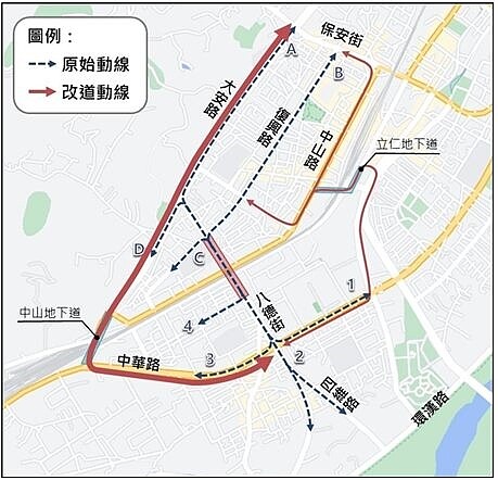 捷運萬大線第二期樹林段CQ890區段標工程，為進行LG15站至LG16站間跨越台鐵上方的捷運高架橋工程，將於113年11月21日起至116年5月20日封閉八德地下道的汽車道進行施工。圖／台北市政府提供