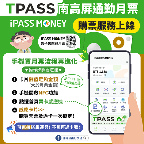 TPASS月票，手機下載iPASS MONEY購買月票及過卡一次完成。圖／台南市府提供