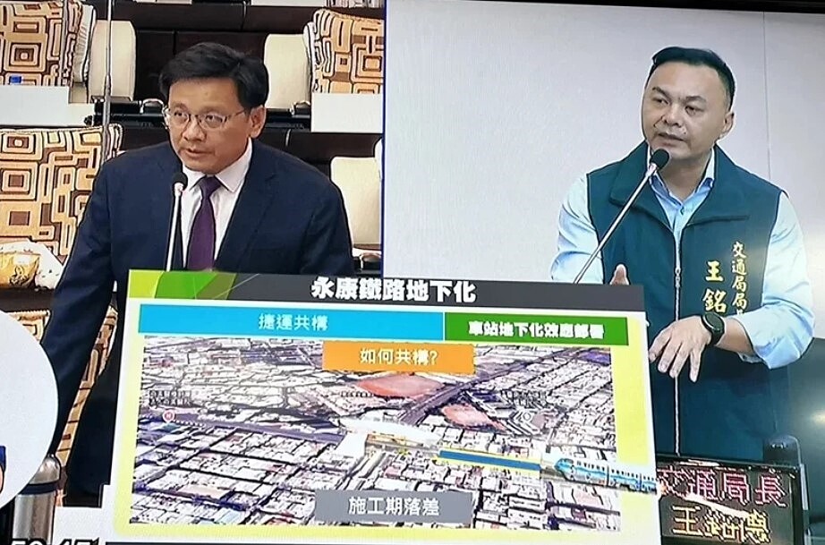 台南市議員黃肇輝(左)總質詢關切永康鐵路地下化大橋站與捷運藍線大橋站的共構,交通局長王銘德回覆初期恐無法共構。圖/記者吳淑玲翻攝