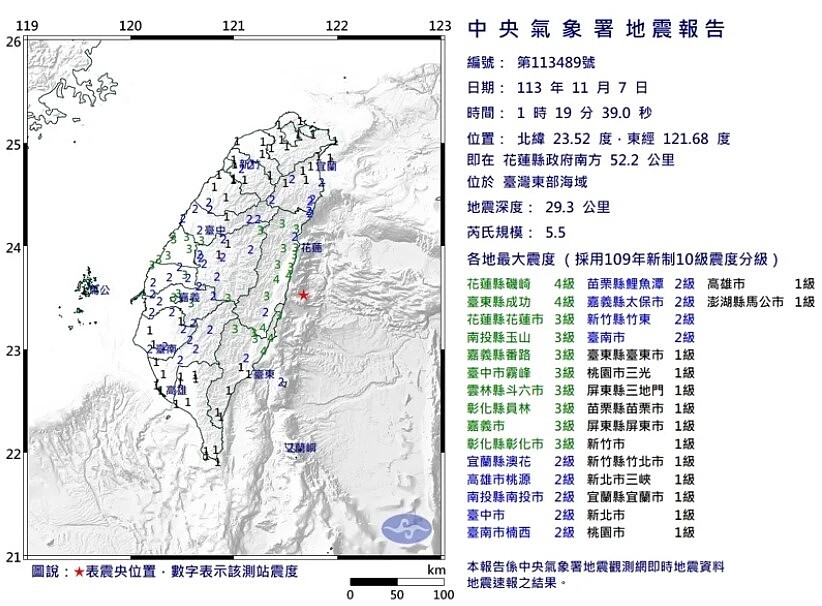 7日凌晨花蓮再發生規模5.5地震。圖/取自氣象署網站