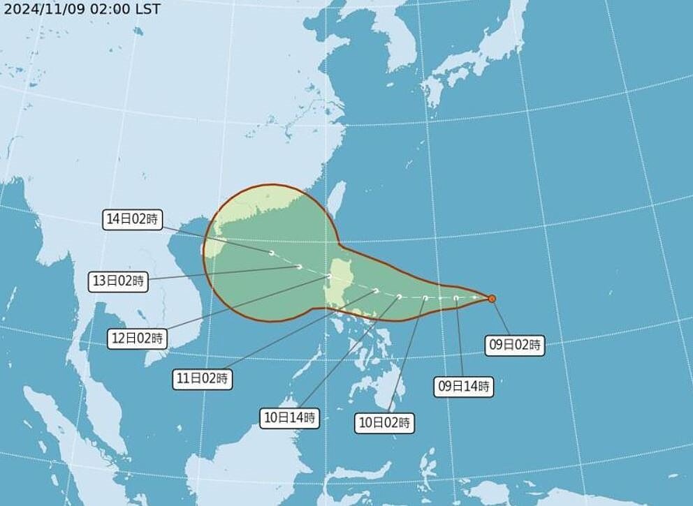 熱帶性低氣壓TD-27的路徑潛勢預報。圖/取自中央氣象署網站
