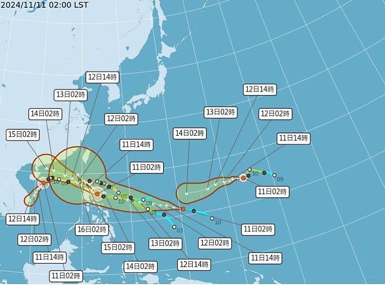 目前太平洋地區有3個颱風，包括輕度颱風銀杏、中度颱風桔梗、輕度颱風萬宜，以及1個熱帶性低氣壓TD29。圖／取自中央氣象署網站
