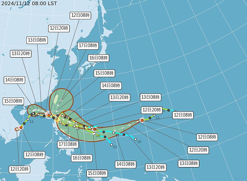 目前洋面上4颱共存，由左至右依序為銀杏、桔梗、天兔及萬宜，創下11月首次有4颱共存記錄。擷取自中央氣象署網站