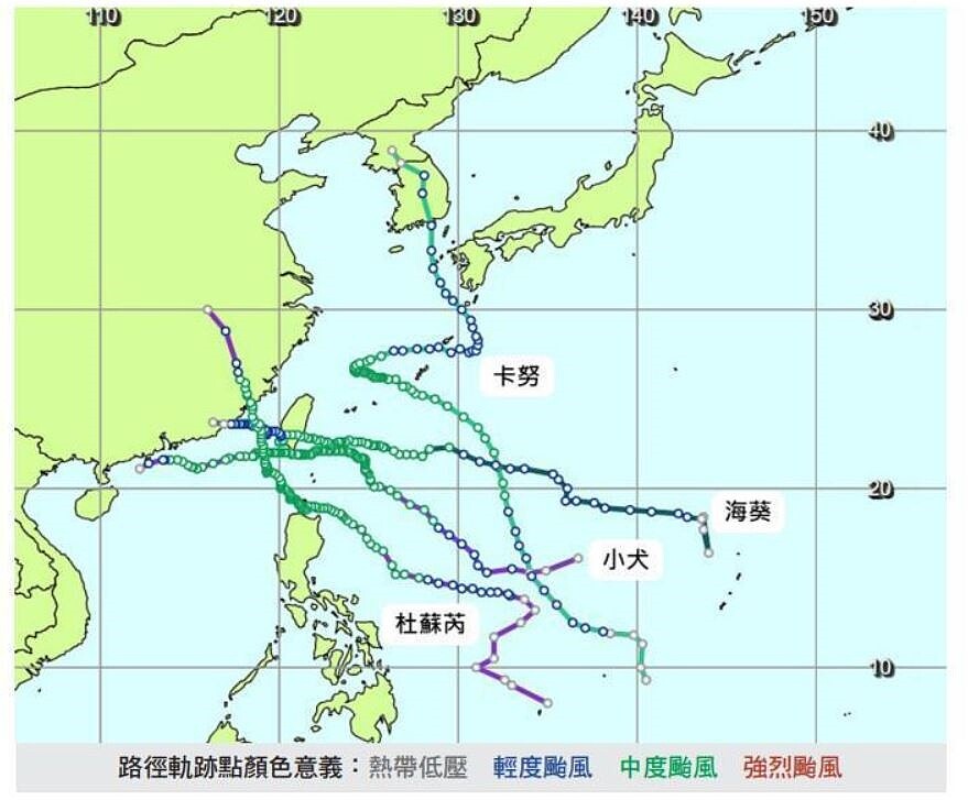 2023年侵台颱風路徑圖。圖／取自氣象署「112年氣候年報」
