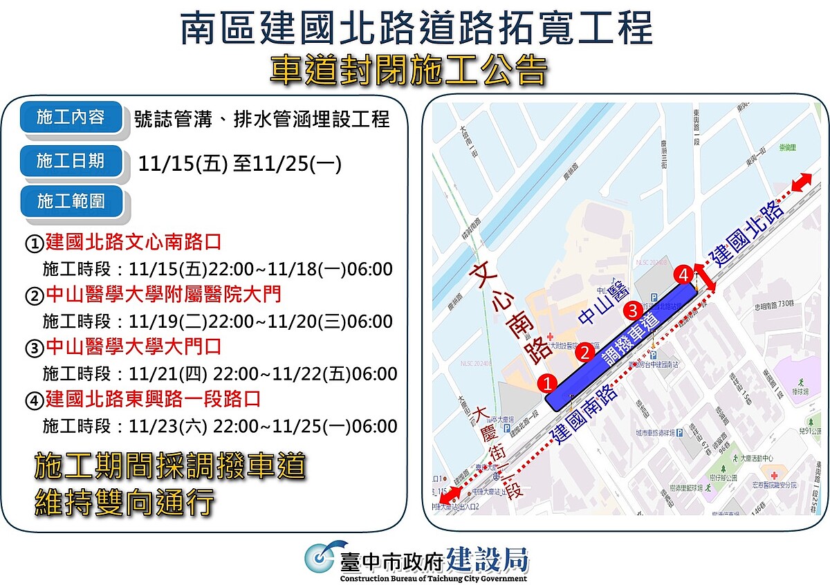 建國北路道路拓寬工程將於11月15日夜間施工。圖／台中市建設局提供