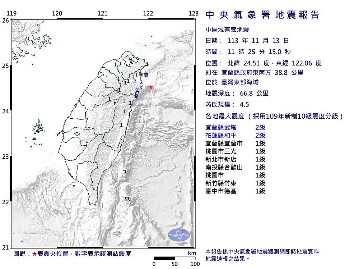 中央氣象署發布小區域有感地震報告。圖／取自中央氣象署網站