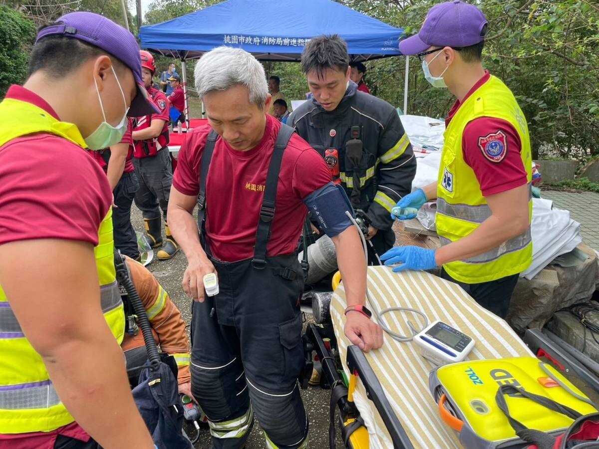 此次演練於每位消防人員結束工作並離開火場後，皆有緊急救護人員對消防人員進行生命徵象檢測。圖：消防局提供