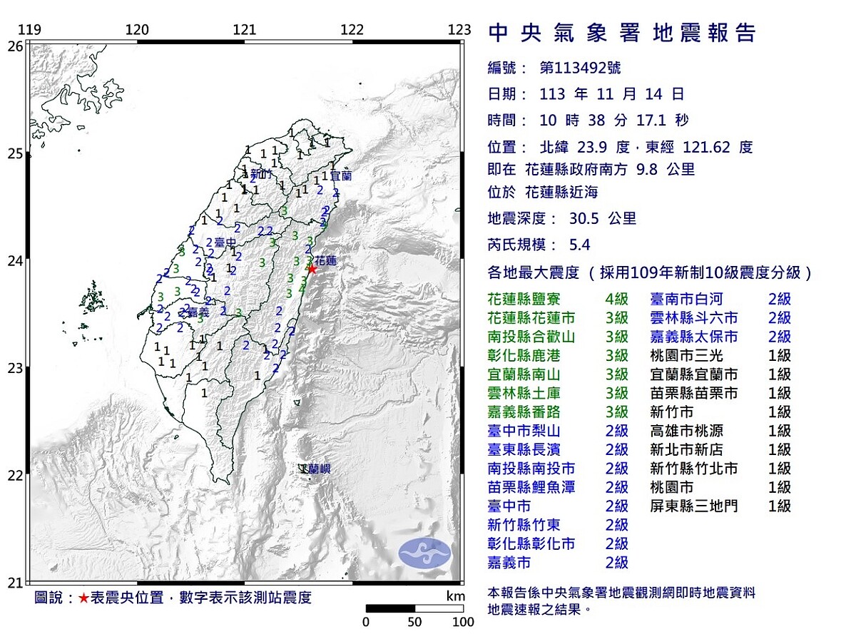 今天(14日)上午10時38分花蓮縣近海發生芮氏規模5.4地震。圖/氣象署提供