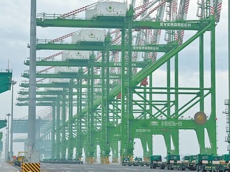 高雄港第七貨櫃中心於15日舉行落成典禮,一字排開的橋式起重機,還有自動化櫃場。(洪靖宜攝)