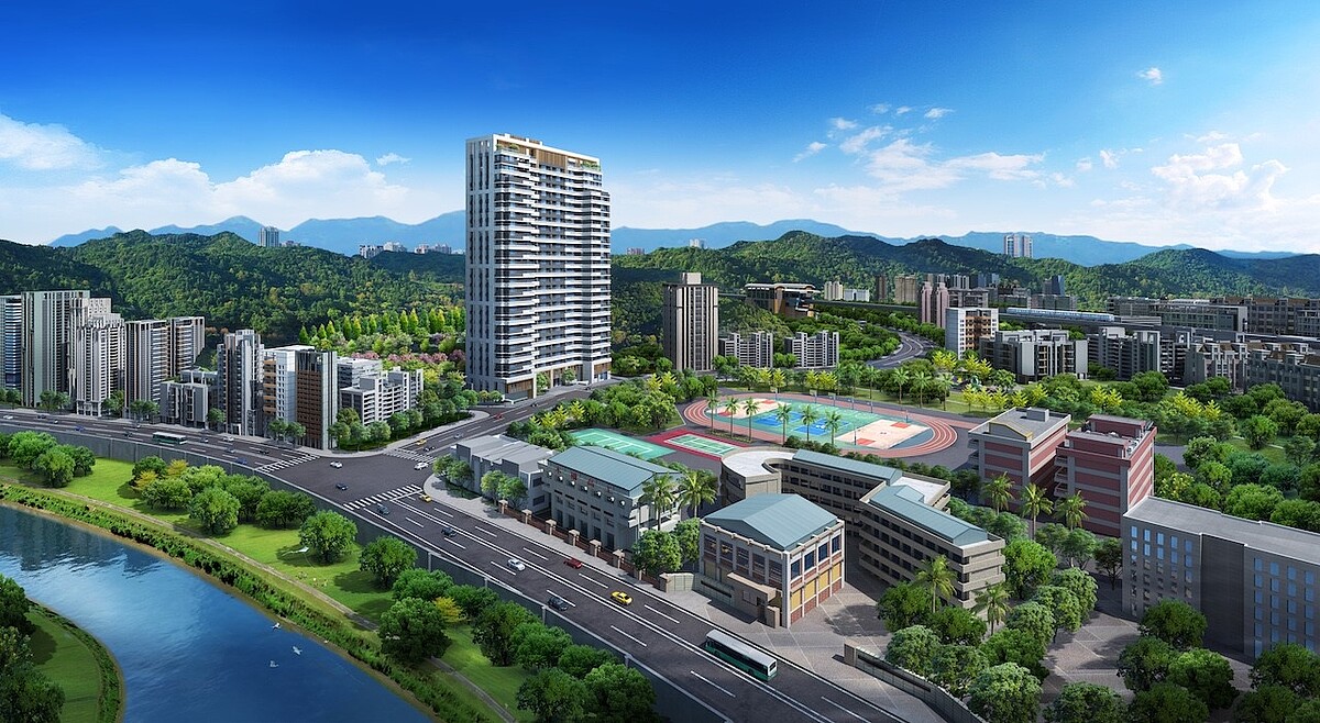 「信義富境」具永久景觀棟距,前棟可遠眺道南河濱水景,後棟則有綠意山景。3D透視示意圖/現場提供