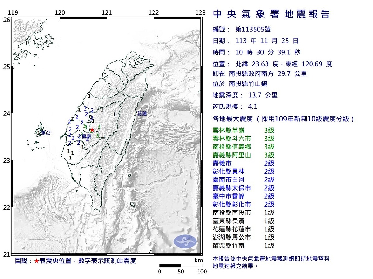 25日上午10時30分南投縣竹山鎮發生芮氏規模4.1地震。圖／氣象署提供