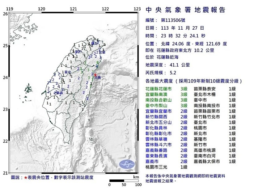 27日晚間23時32分，花蓮近海發生芮氏規模5.2的有感地震。圖／中央氣象署
