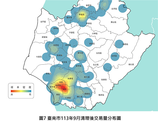 台南9月住宅價格指數價漲量跌 地政局:居高思危 台南市113年9月清理後交易量分布圖。圖/台南市地政局提供