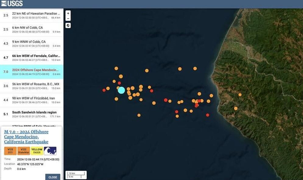 美國加州北部海域於美西時間6日上午10時44分(台灣時間凌晨2時44分),發生規模7地震。圖/截自美國地質調查局(USGS)官網