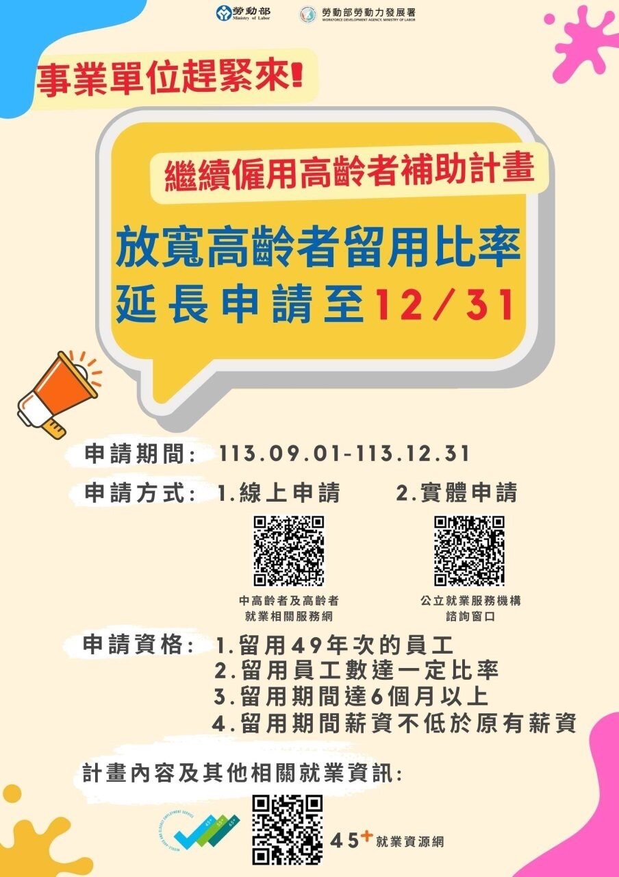 今年受理申請為繼續聘用49年次勞工,申請期限延長至12月31日止。圖:桃竹苗分署提供