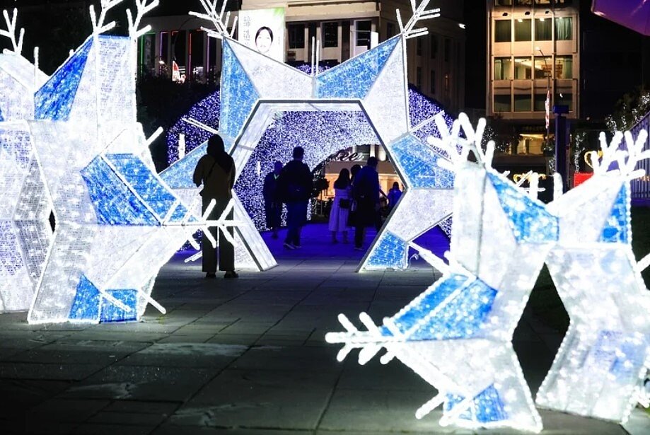 中央公園「漫步中軸.光之饗宴」聖誕燈飾11月29日點燈, 每天晚上6點至12點,中央公園內打造主題燈區,耶誕氣息濃厚。圖/取自市長陳其邁臉書