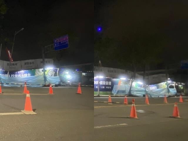 高雄左營高鐵後站重劃區的一處建案今日晚間發生嚴重地層下陷,建案周圍地基凹陷,目前傷亡不明。記者宋原彰/翻攝