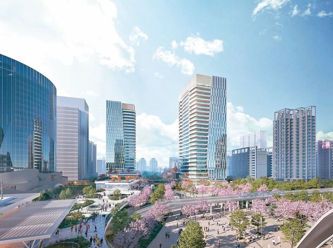 宏匯集團原訂在高鐵新竹站前特定區,興建地標雙塔建築,南塔高度204公尺,影響北側建築日照權,鐵道局審查後「腰斬」砍成119.4公尺。圖/交通部鐵道局