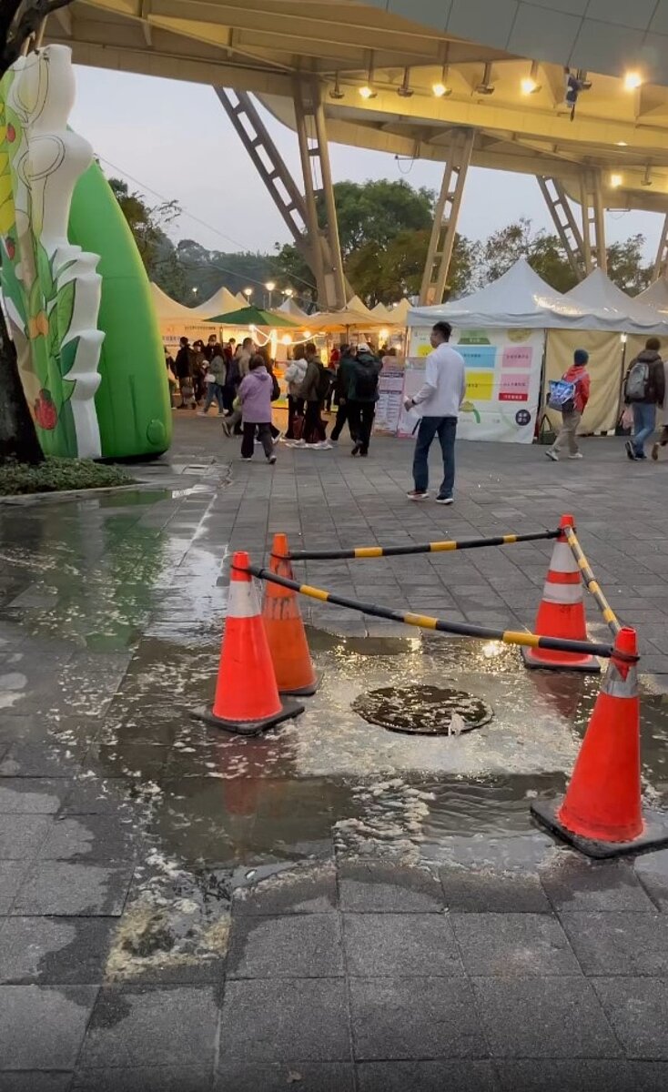 花博戶外排水孔蓋溢出「屎水」,嚇得民眾趕緊錄影。圖/擷取自Threads@bk.0324