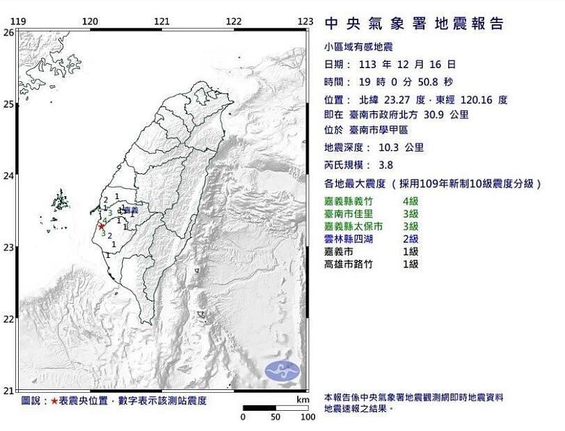 台南16日晚7時發生規模3.7地震，震央位於台南市學甲區，地震深度僅10.3公里，屬於極淺層地震，全台共有5縣市有感。圖／中央氣象署提供
