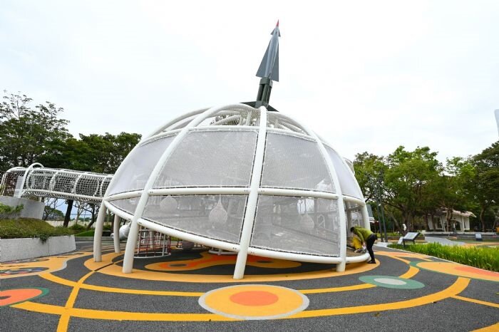 位於龍潭運動公園的全齡遊樂設施及周邊環境改善工程,經過數月驗收及細節調整,今日正式啟用。圖:市府提供