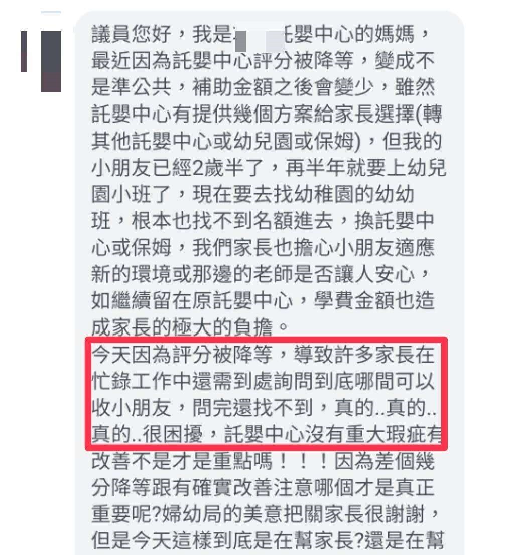 桃園區某托嬰中心評鑑被降為丙等，使家長受有遭變相懲罰的感受。圖：黃瓊慧提供