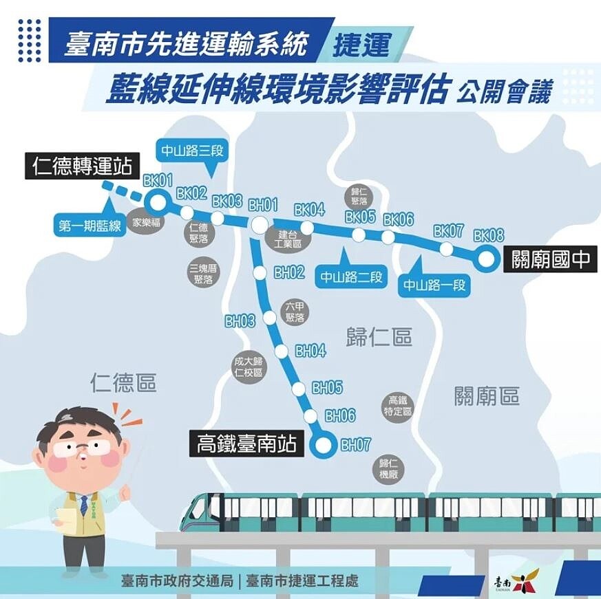 台南捷運藍延線在仁德、歸仁及關廟辦理3場環境影響評估作業公開會議，歡迎民眾踴躍參加提供意見。圖／台南市交通局提供
