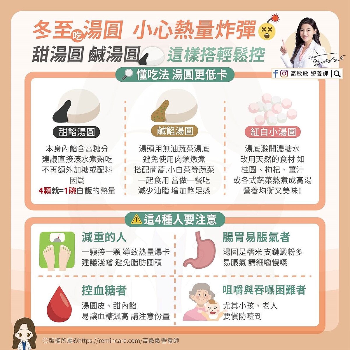 幾類人食用湯圓要多加注意。圖/取自臉書粉專「高敏敏 營養師」