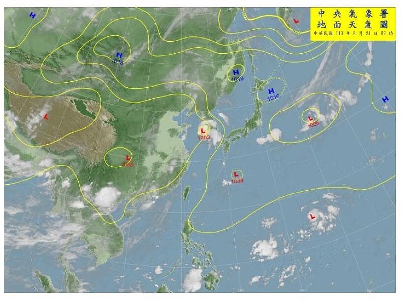 目前在太平洋海域有幾個低氣壓，其中在關島北方的低氣壓，在台灣東南東方，周末有可能生成熱帶低氣壓或颱風珊珊。擷取自中央氣象署網站
