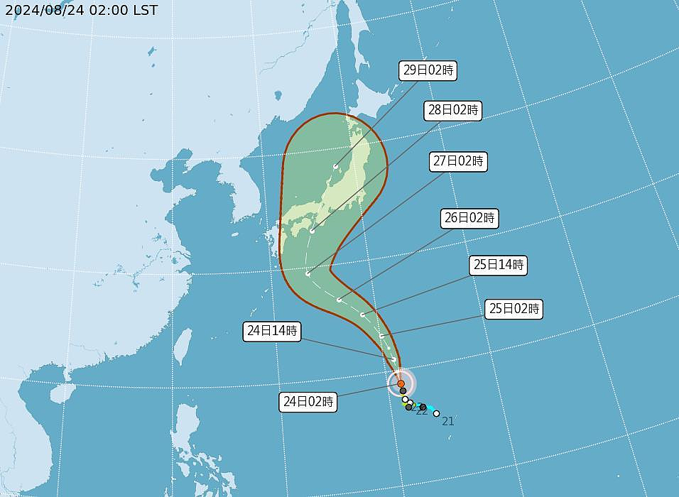 中度颱風珊珊路徑潛勢預報。圖／取自中央氣象署網站