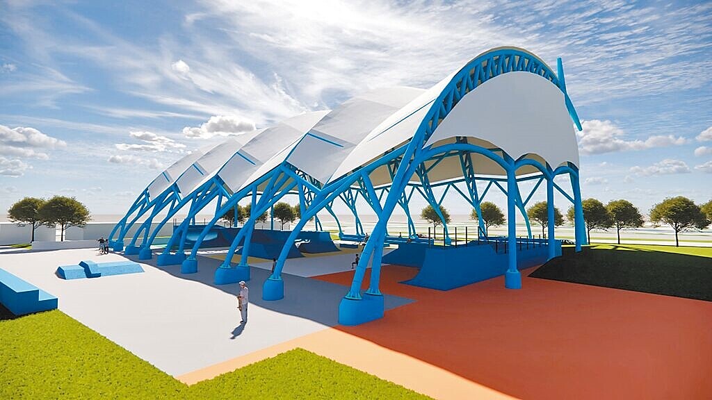 花蓮縣政府優化太平洋公園極限運動場場域設施,建置「海洋意象」薄膜頂棚,預計年底啟用。圖為完工示意圖。圖/花蓮縣政府提供