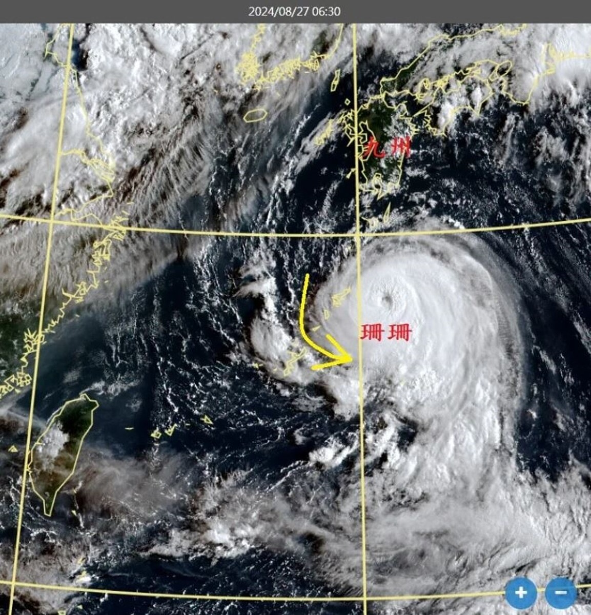 珊珊颱風結構變完整了。西北側還是有乾空氣捲入的特徵，強度稍受限，但已經不弱了。珊珊颱風對台灣無直接影響。圖／取自鄭明典臉書
