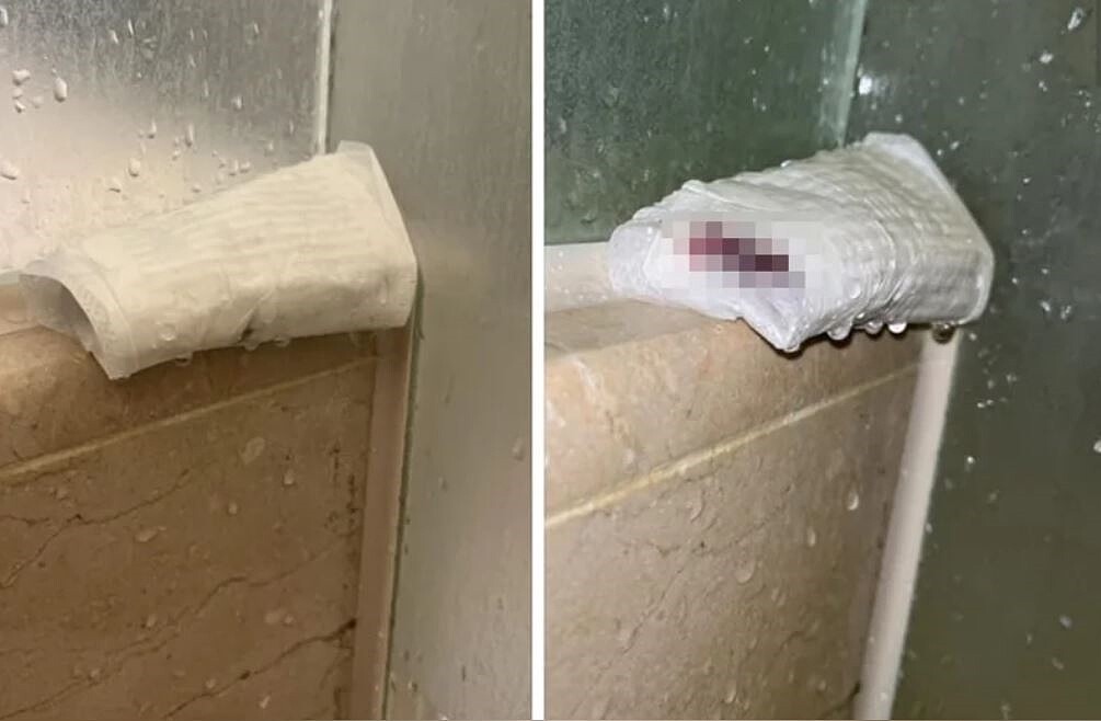網友8月24日入住義大皇家酒店,晚上要洗澡時,在淋浴間發現上一個房客使用過的衛生棉。圖/翻攝自臉書「匿名公社」