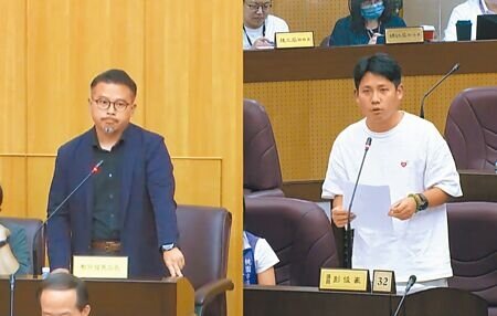 0403花蓮大地震讓許多社區大樓震出安全問題,桃園市開放住戶申請公寓大廈修繕補助,但經費用罄仍有上百個社區排候補,議員彭俊豪(右)29日在議會提案為民請命。(蔡依珍攝)