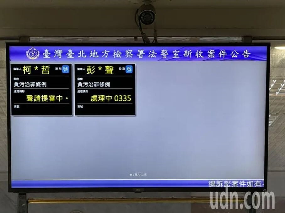 台北地方檢署的法警室新收案件公告清晨時只有二案，一為「當事人：柯*哲/案由：貪污治罪條例/聲請提審中」及「當事人：彭*聲貪/案由：污治罪條例/處理中」。記者黃義書／攝影
