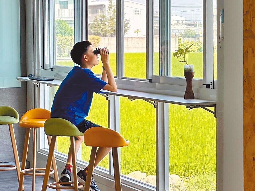 台中市霧峰區五福國小將雜亂的倉儲整修成「黑翅鳶休憩所」,學童從室內就能直接看見稻田美景與黑翅鳶動態。圖/五福國小提供